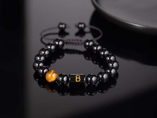 Initials Bracelets for Men Letter Link Handmade Natural Black Onyx Tiger Eye Stone Beads Braided Rope Meaningful Bracelet