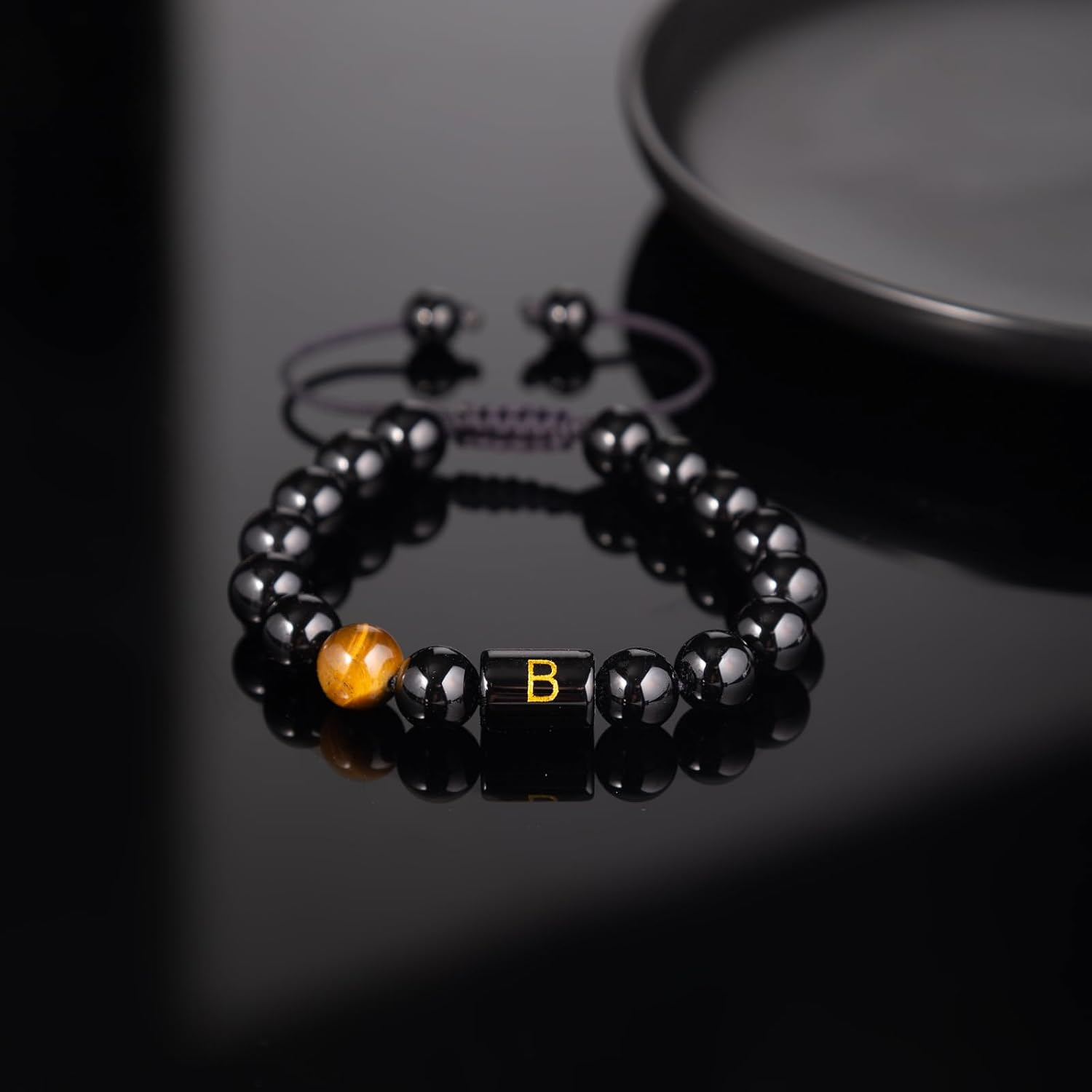 17835139382882 Initials Bracelets for Men Letter Link Handmade Natural Black Onyx Tiger Eye Stone Beads Braided Rope Meaningful Bracelet - Image 1