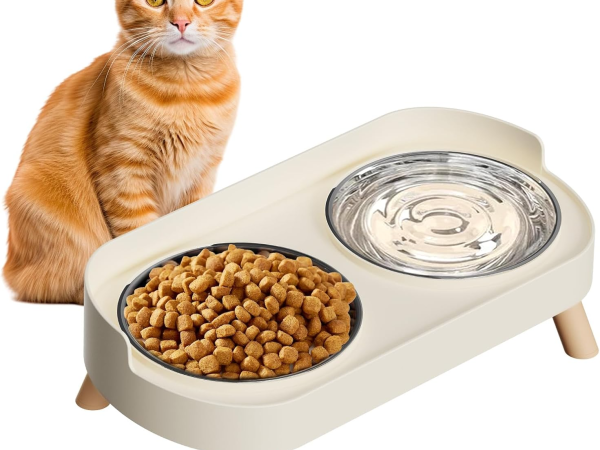 Elevated Cat Bowl, Raised Cat Food and Water Bowl Set for Indoor Cats, Splash Proof with 2 Stainless Steel Pet Food Bowls for Cats and Puppies, Whisker Fatigue and Dishwasher Safe - White